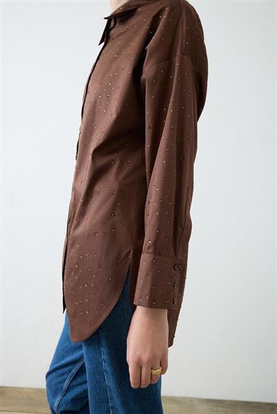 LAURA STONE EMBELLISHED COTTON SHIRT BROWN