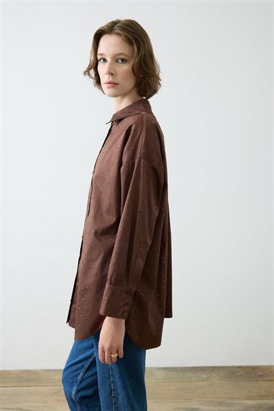LAURA STONE EMBELLISHED COTTON SHIRT BROWN