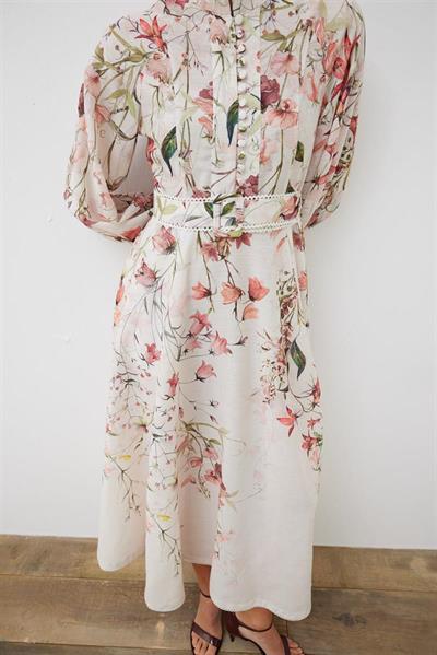 LILAC PATTERNED LINEN BELTED DRESS PINK