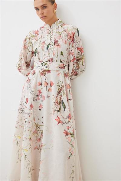 LILAC PATTERNED LINEN BELTED DRESS PINK