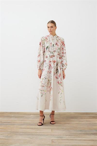 LILAC PATTERNED LINEN BELTED DRESS PINK