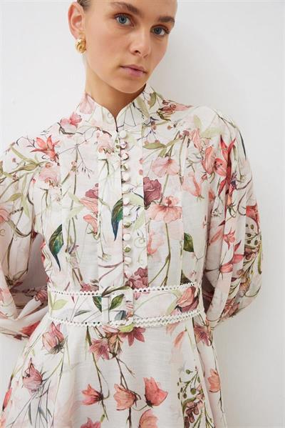 LILAC PATTERNED LINEN BELTED DRESS PINK