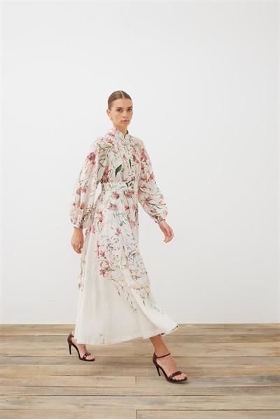 LILAC PATTERNED LINEN BELTED DRESS PINK