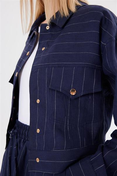 LINE 100% LINEN STRIPED CROPPED JACKET NAVY STRIPED