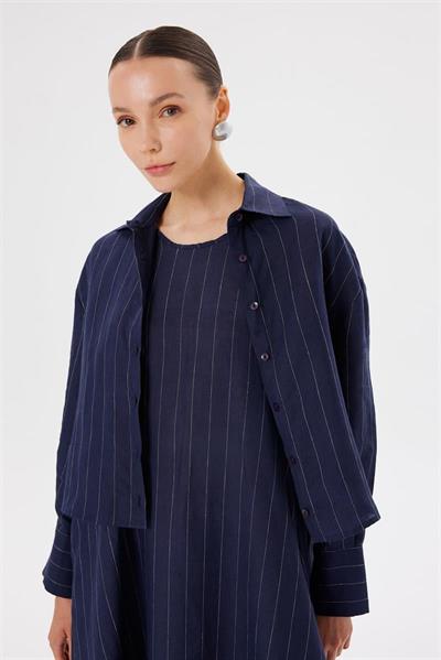 LINE 100% LINEN STRIPED CROPPED SHIRT NAVY STRIPED