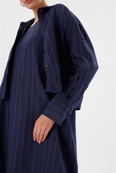 LINE 100% LINEN STRIPED CROPPED SHIRT NAVY STRIPED