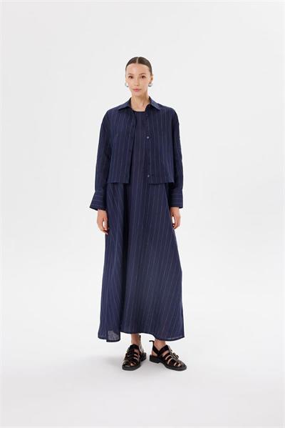 LINE 100% LINEN STRIPED CROPPED SHIRT NAVY STRIPED