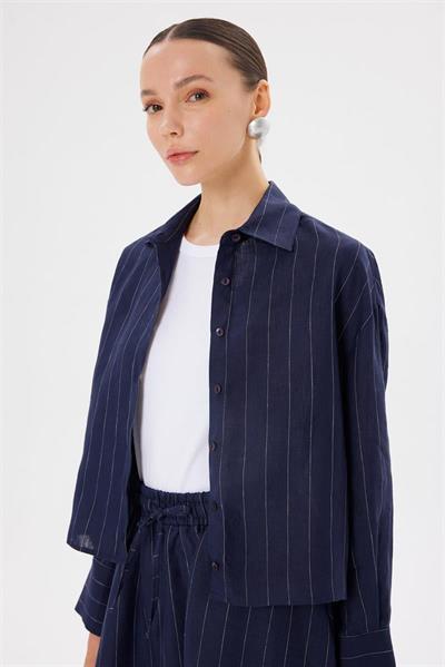 LINE 100% LINEN STRIPED CROPPED SHIRT NAVY STRIPED