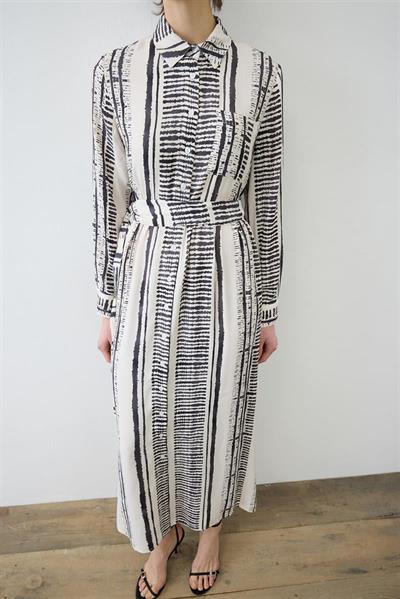 LINE PATTERNED RAYON VISCOSE DRESS BLACK