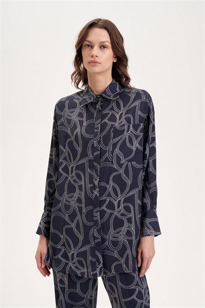 LINEA WASHED SILK PATTERNED PANTS SET NAVY BLUE