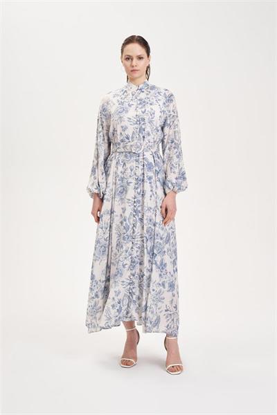 MARIE PATTERNED WASHED SILK BELTED BUTTON DRESS BLUE