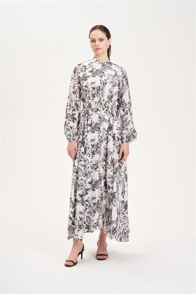 MARIE PATTERNED WASHED SILK BELTED BUTTON DRESS BLACK