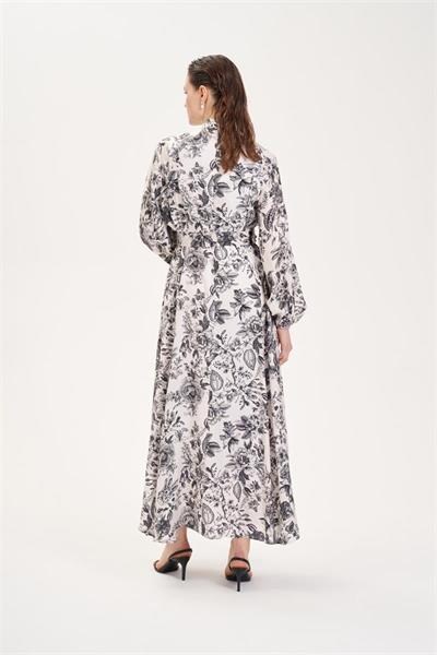 MARIE PATTERNED WASHED SILK BELTED BUTTON DRESS BLACK