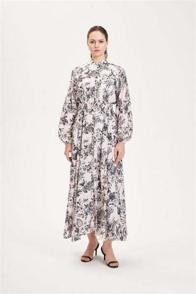 MARIE PATTERNED WASHED SILK BELTED BUTTON DRESS BLACK