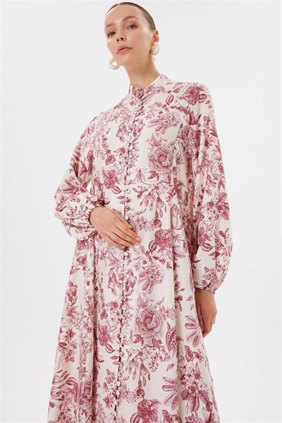 MARIE PATTERNED WASHED SILK BELTED BUTTON DRESS BURGUNDY