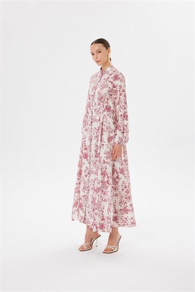 MARIE PATTERNED WASHED SILK BELTED BUTTON DRESS BURGUNDY