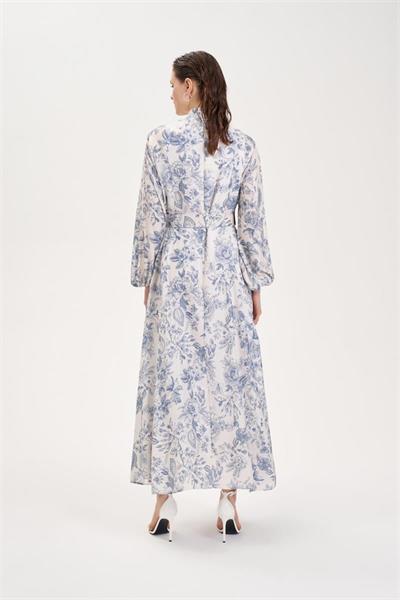 MARIE PATTERNED WASHED SILK BELTED BUTTON DRESS BLUE
