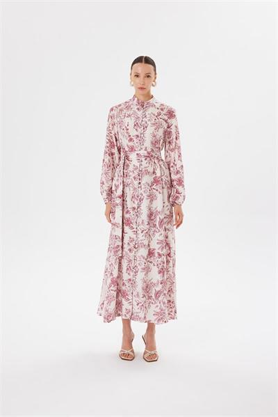 MARIE PATTERNED WASHED SILK BELTED BUTTON DRESS BURGUNDY