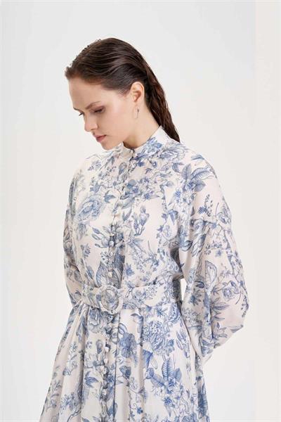 MARIE PATTERNED WASHED SILK BELTED BUTTON DRESS BLUE