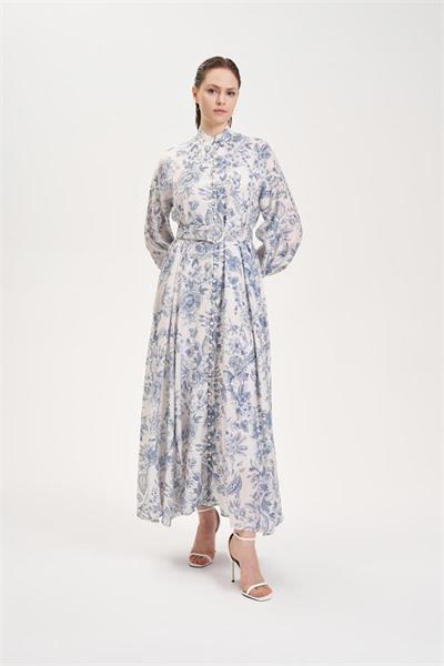 MARIE PATTERNED WASHED SILK BELTED BUTTON DRESS BLUE