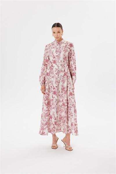 MARIE PATTERNED WASHED SILK BELTED BUTTON DRESS BURGUNDY