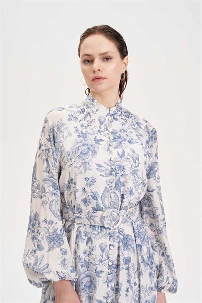 MARIE PATTERNED WASHED SILK BELTED BUTTON DRESS BLUE