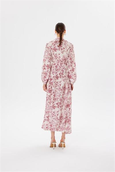 MARIE PATTERNED WASHED SILK BELTED BUTTON DRESS BURGUNDY