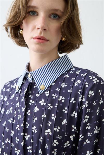 MILAN PATTERNED RAYON VISCOSE DRESS NAVY BLUE