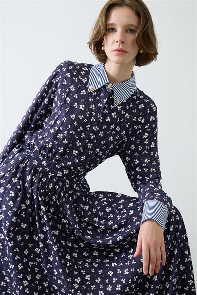 MILAN PATTERNED RAYON VISCOSE DRESS NAVY BLUE