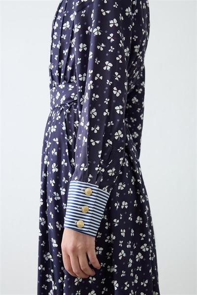 MILAN PATTERNED RAYON VISCOSE DRESS NAVY BLUE