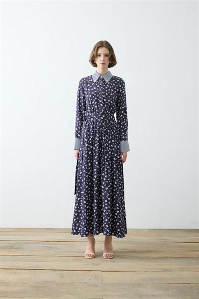 MILAN PATTERNED RAYON VISCOSE DRESS NAVY BLUE