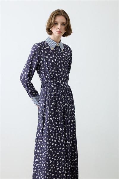 MILAN PATTERNED RAYON VISCOSE DRESS NAVY BLUE