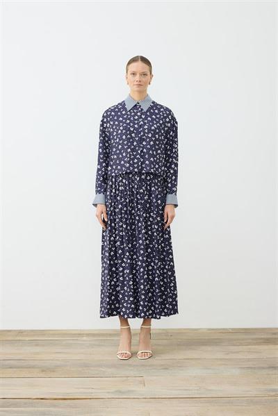 MILAN PATTERNED RAYON VISCOSE SKIRT SET NAVY BLUE
