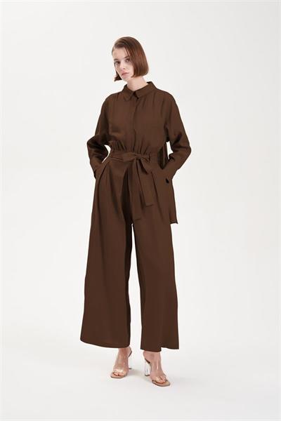 NATURAL 100% LINEN BACK PANEL JUMPSUIT BROWN