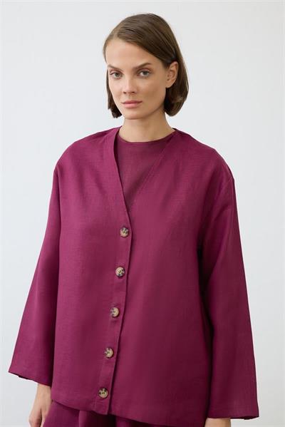 NATURAL 100% LINEN COLLEGE CARDIGAN SET BURGUNDY