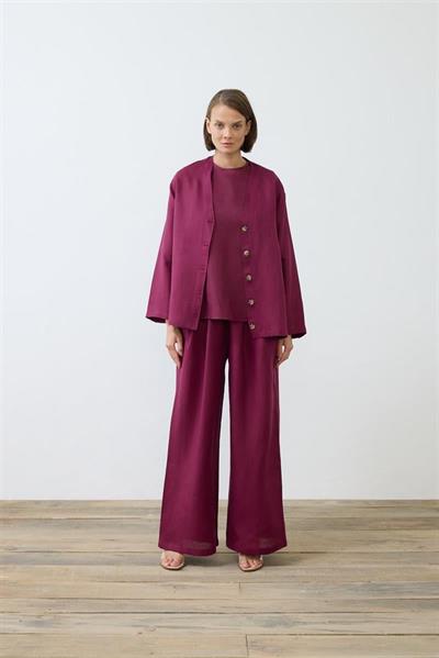 NATURAL 100% LINEN COLLEGE CARDIGAN SET BURGUNDY