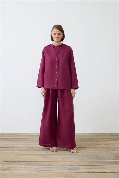 NATURAL 100% LINEN COLLEGE CARDIGAN SET BURGUNDY