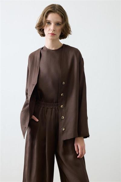 NATURAL 100% LINEN COLLEGE CARDIGAN SET DARK BROWN