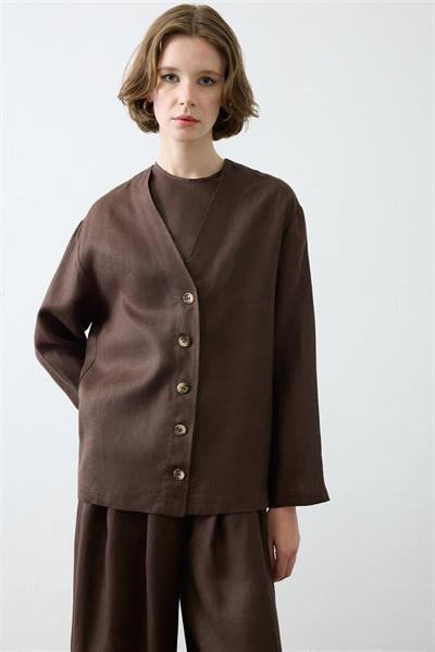 NATURAL 100% LINEN COLLEGE CARDIGAN SET DARK BROWN
