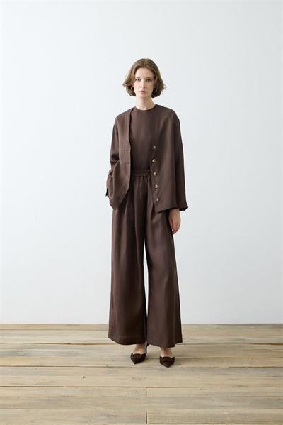NATURAL 100% LINEN COLLEGE CARDIGAN SET DARK BROWN
