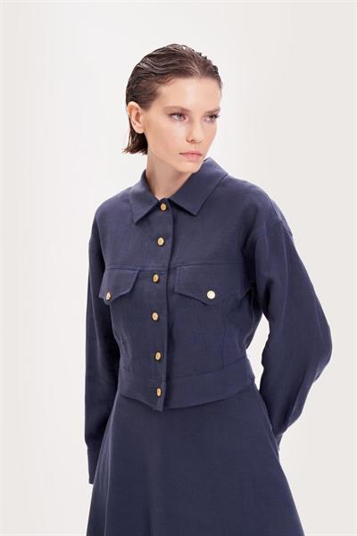 NATURAL 100% LINEN CROPPED JACKET NAVY BLUE