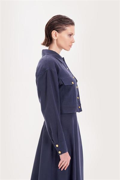 NATURAL 100% LINEN CROPPED JACKET NAVY BLUE