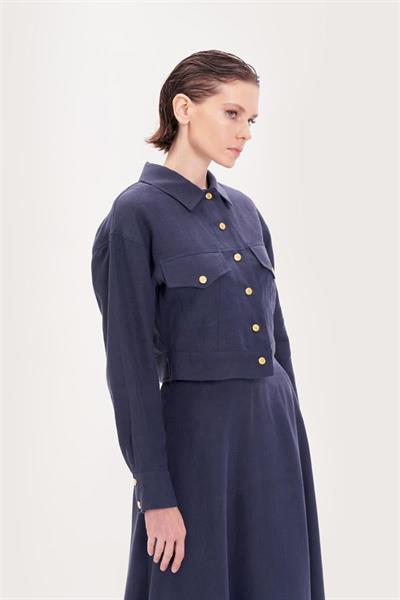 NATURAL 100% LINEN CROPPED JACKET NAVY BLUE