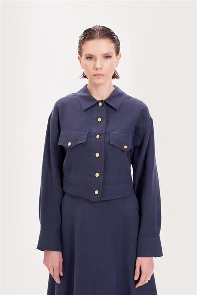NATURAL 100% LINEN CROPPED JACKET NAVY BLUE
