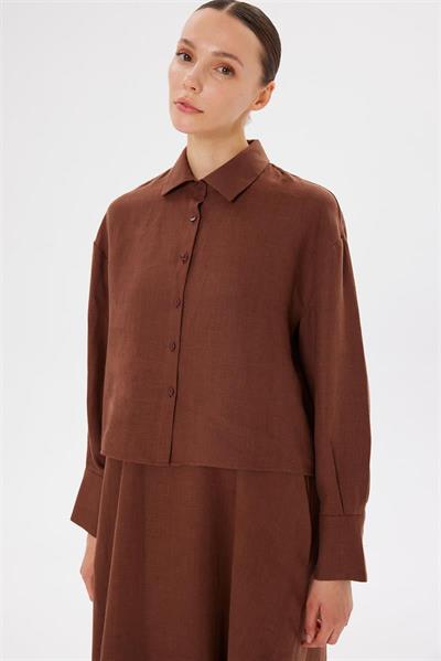NATURAL 100% LINEN CROPPED SHIRT BROWN