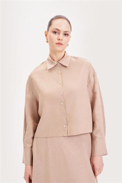 NATURAL 100% LINEN CROPPED SHIRT CAMEL