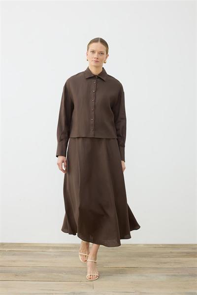 NATURAL 100% LINEN CROPPED SHIRT DARK BROWN