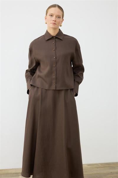 NATURAL 100% LINEN CROPPED SHIRT DARK BROWN