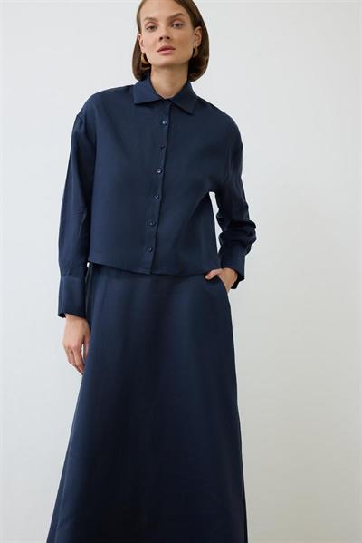 NATURAL 100% LINEN CROPPED SHIRT NAVY BLUE