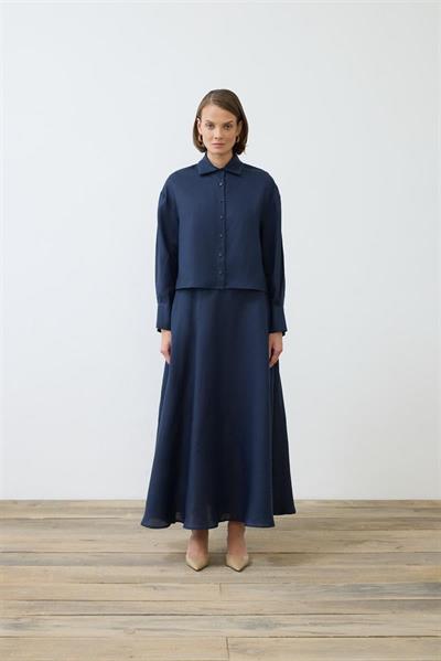 NATURAL 100% LINEN CROPPED SHIRT NAVY BLUE